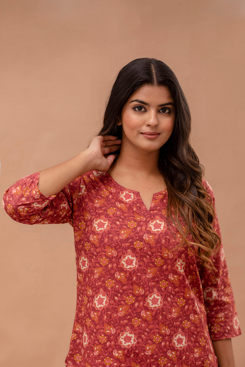Maroon Printed Cotton Night Suit with V-Neck Kurti & Ankle-Length Pants