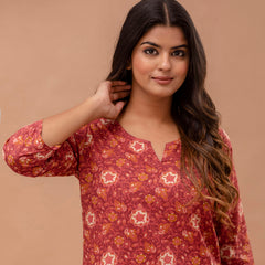 Maroon Printed Cotton Night Suit with V-Neck Kurti & Ankle-Length Pants