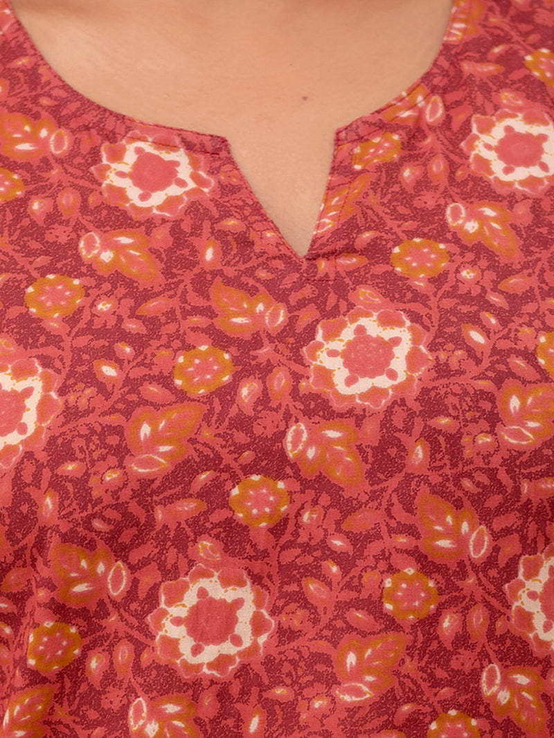 Maroon Printed Cotton Night Suit with V-Neck Kurti & Ankle-Length Pants