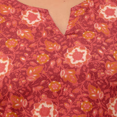 Maroon Printed Cotton Night Suit with V-Neck Kurti & Ankle-Length Pants