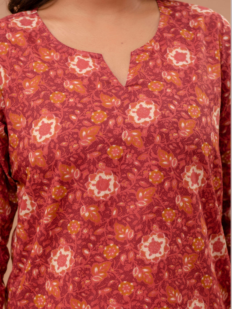 Maroon Printed Cotton Night Suit with V-Neck Kurti & Ankle-Length Pants