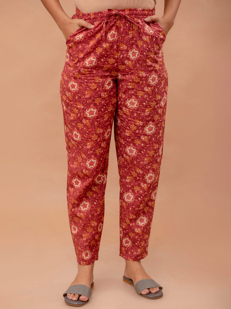 Maroon Printed Cotton Night Suit with V-Neck Kurti & Ankle-Length Pants