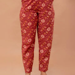 Maroon Printed Cotton Night Suit with V-Neck Kurti & Ankle-Length Pants