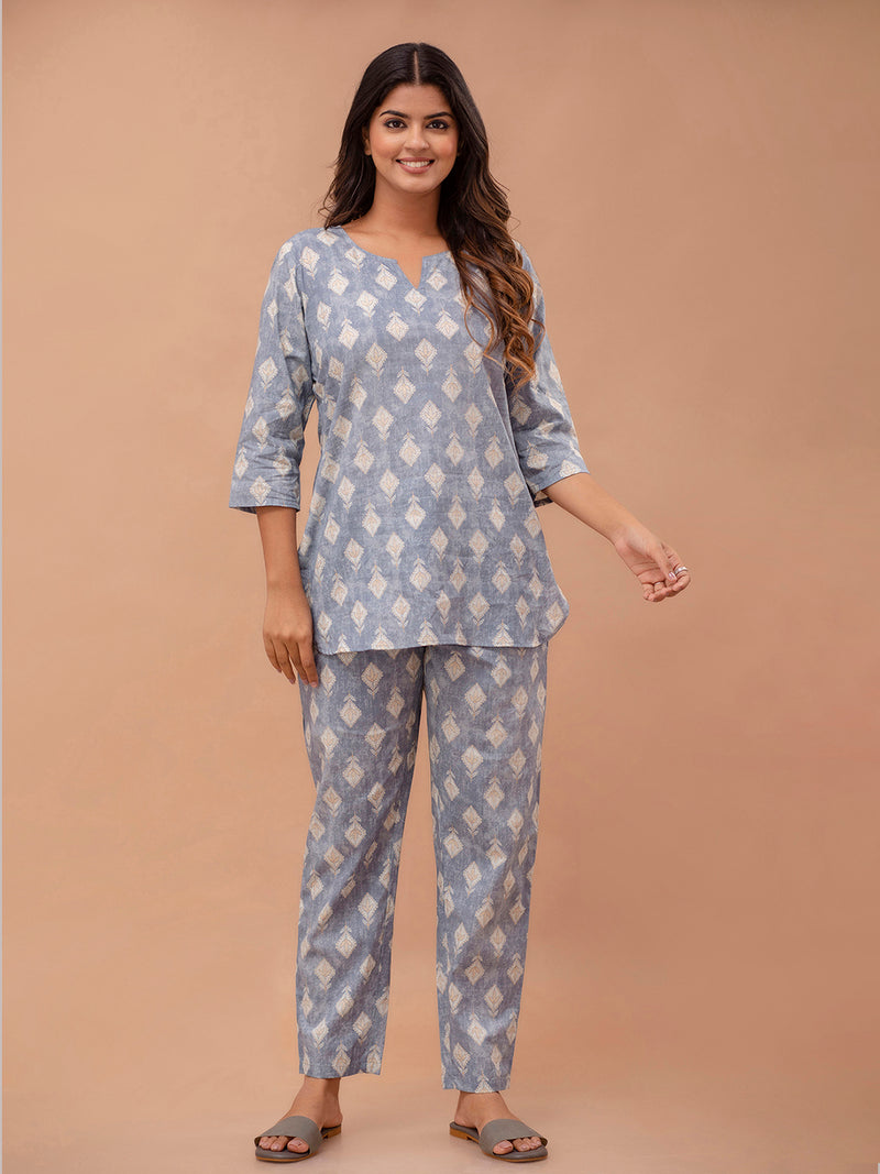 Grey Printed Cotton Night Suit with V-Neck Kurti & Ankle-Length Pants