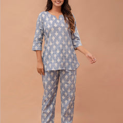 Grey Printed Cotton Night Suit with V-Neck Kurti & Ankle-Length Pants