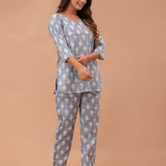 Grey Printed Cotton Night Suit with V-Neck Kurti & Ankle-Length Pants