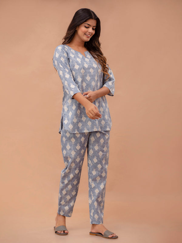 Grey Printed Cotton Night Suit with V-Neck Kurti & Ankle-Length Pants