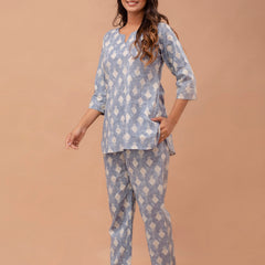 Grey Printed Cotton Night Suit with V-Neck Kurti & Ankle-Length Pants