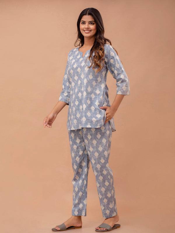 Grey Printed Cotton Night Suit with V-Neck Kurti & Ankle-Length Pants
