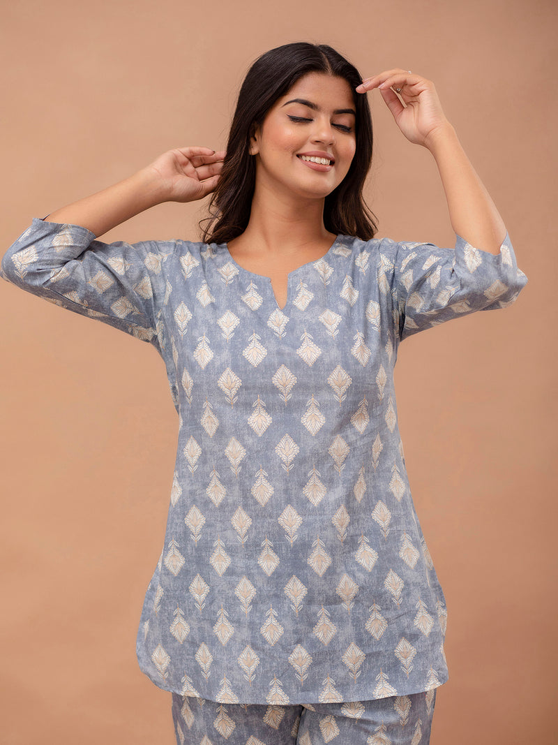 Grey Printed Cotton Night Suit with V-Neck Kurti & Ankle-Length Pants