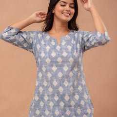 Grey Printed Cotton Night Suit with V-Neck Kurti & Ankle-Length Pants
