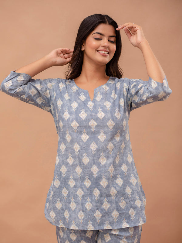 Grey Printed Cotton Night Suit with V-Neck Kurti & Ankle-Length Pants