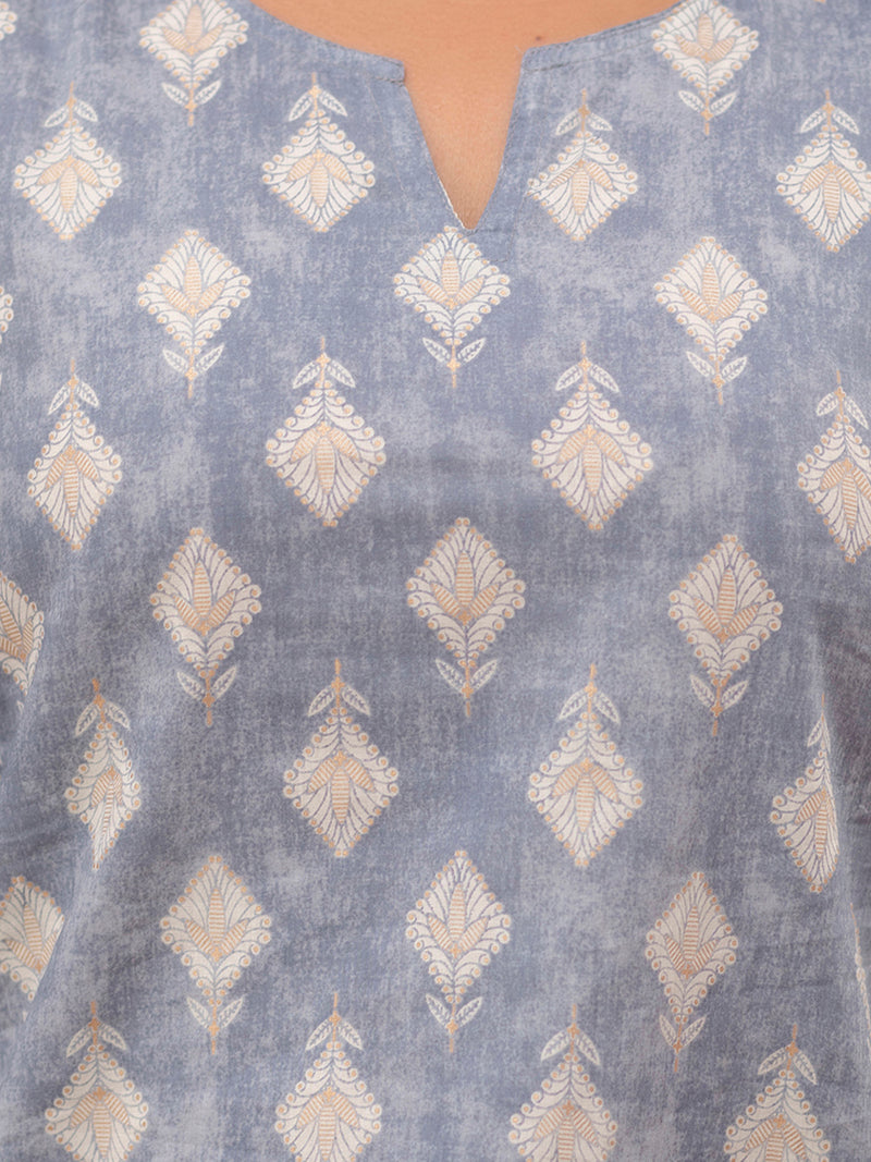 Grey Printed Cotton Night Suit with V-Neck Kurti & Ankle-Length Pants