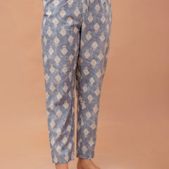 Grey Printed Cotton Night Suit with V-Neck Kurti & Ankle-Length Pants