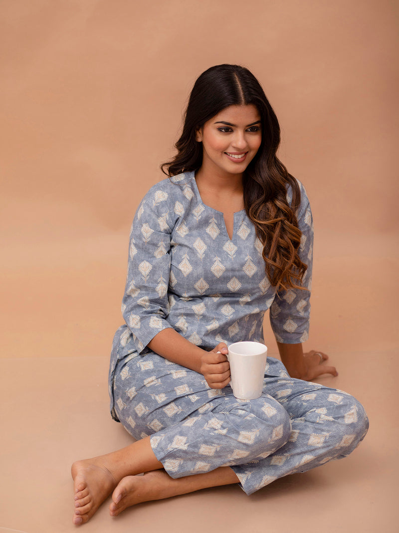 Grey Printed Cotton Night Suit with V-Neck Kurti & Ankle-Length Pants