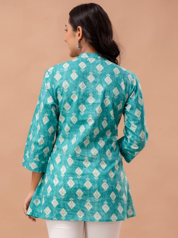 Floral Printed Pure Cotton Pleated A-Line Kurti