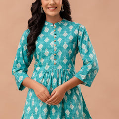 Floral Printed Pure Cotton Pleated A-Line Kurti