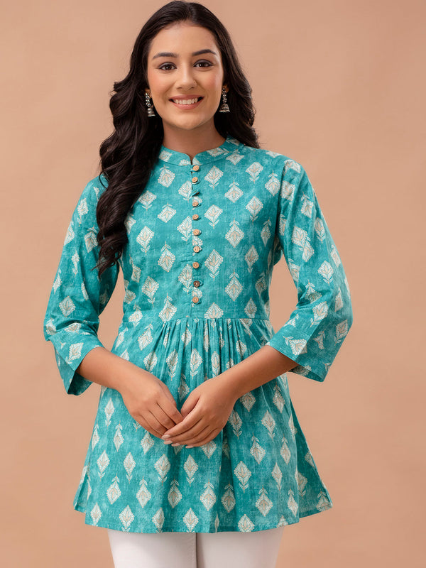 Floral Printed Pure Cotton Pleated A-Line Kurti