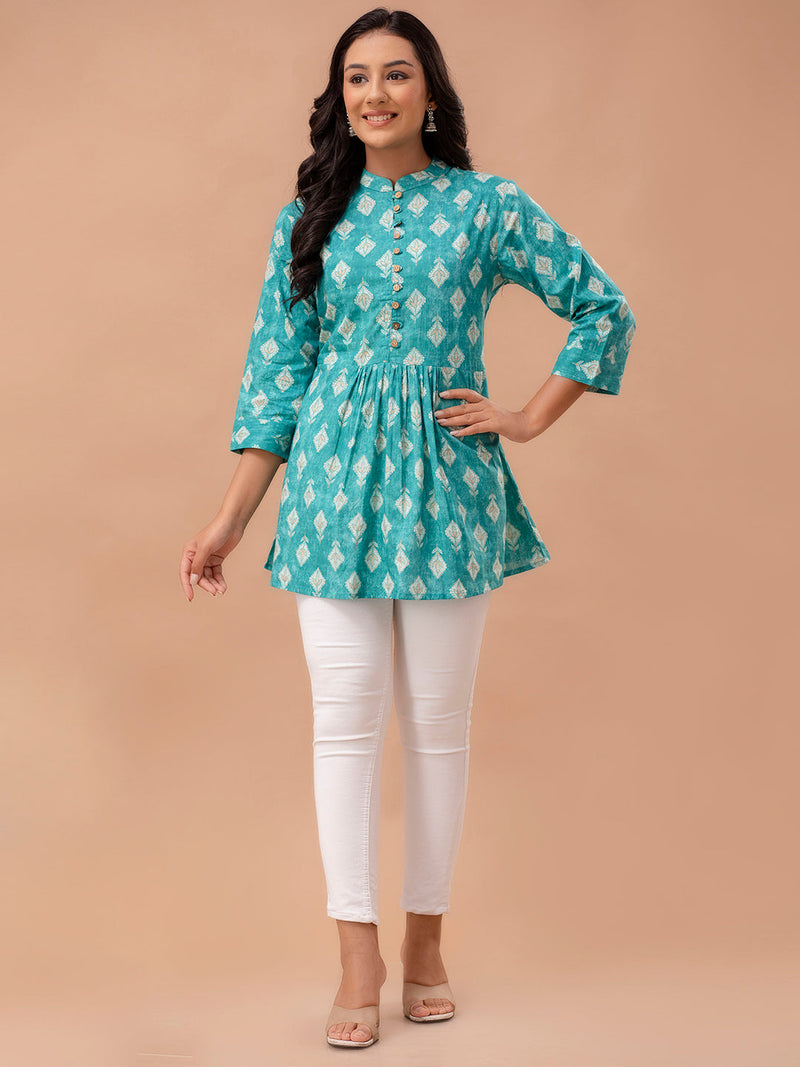Floral Printed Pure Cotton Pleated A-Line Kurti