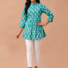 Floral Printed Pure Cotton Pleated A-Line Kurti