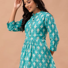 Floral Printed Pure Cotton Pleated A-Line Kurti