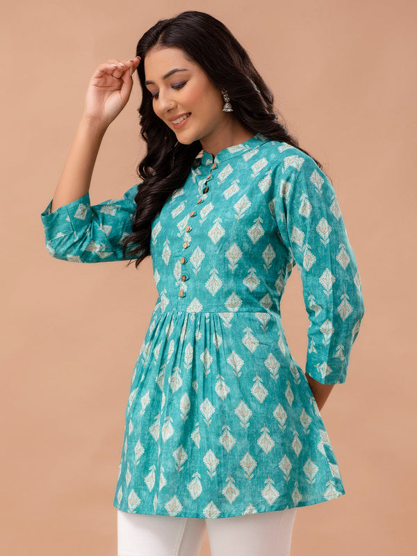 Floral Printed Pure Cotton Pleated A-Line Kurti