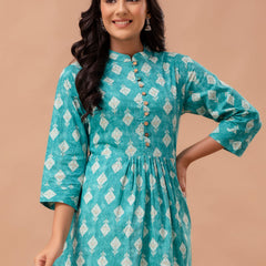 Floral Printed Pure Cotton Pleated A-Line Kurti