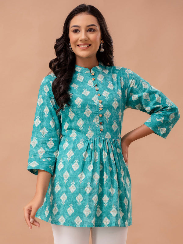 Floral Printed Pure Cotton Pleated A-Line Kurti