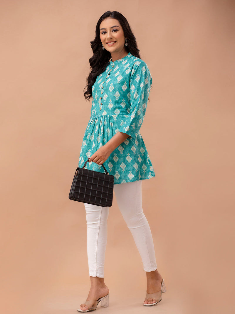 Floral Printed Pure Cotton Pleated A-Line Kurti
