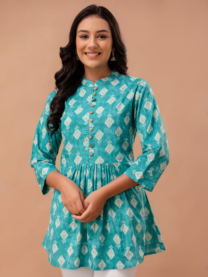 Floral Printed Pure Cotton Pleated A-Line Kurti