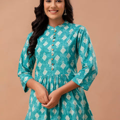 Floral Printed Pure Cotton Pleated A-Line Kurti