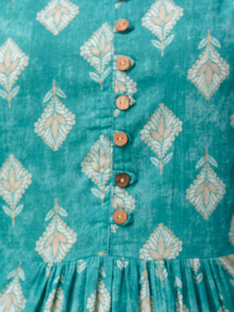 Floral Printed Pure Cotton Pleated A-Line Kurti