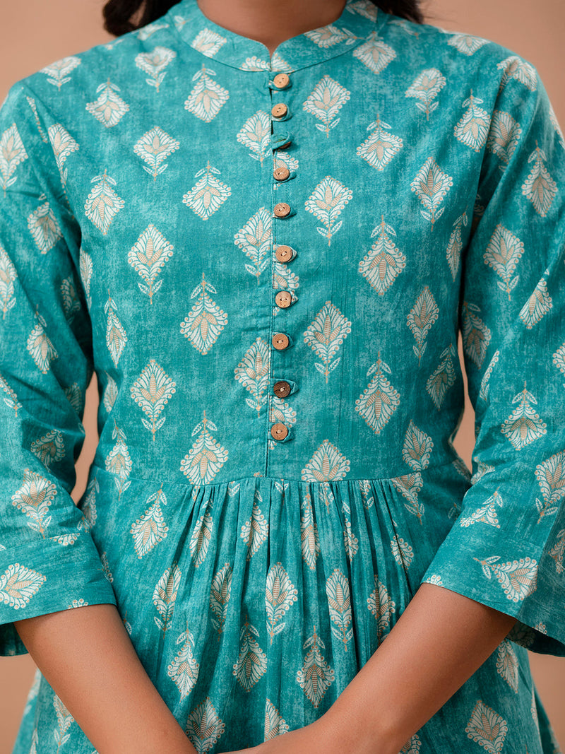 Floral Printed Pure Cotton Pleated A-Line Kurti