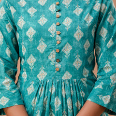 Floral Printed Pure Cotton Pleated A-Line Kurti