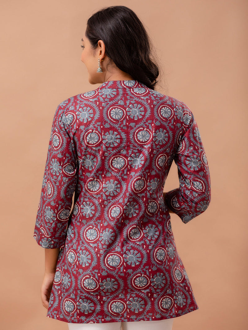 Floral Printed Pure Cotton Pleated A-Line Kurti