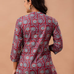 Floral Printed Pure Cotton Pleated A-Line Kurti