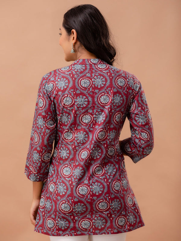 Floral Printed Pure Cotton Pleated A-Line Kurti