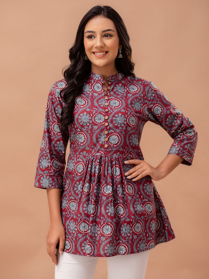 Floral Printed Pure Cotton Pleated A-Line Kurti