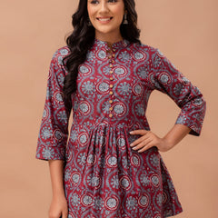 Floral Printed Pure Cotton Pleated A-Line Kurti