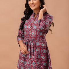 Floral Printed Pure Cotton Pleated A-Line Kurti