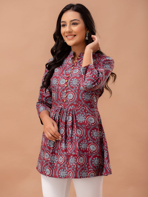 Floral Printed Pure Cotton Pleated A-Line Kurti