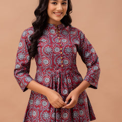 Floral Printed Pure Cotton Pleated A-Line Kurti