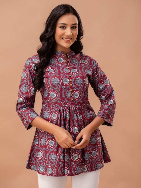 Floral Printed Pure Cotton Pleated A-Line Kurti