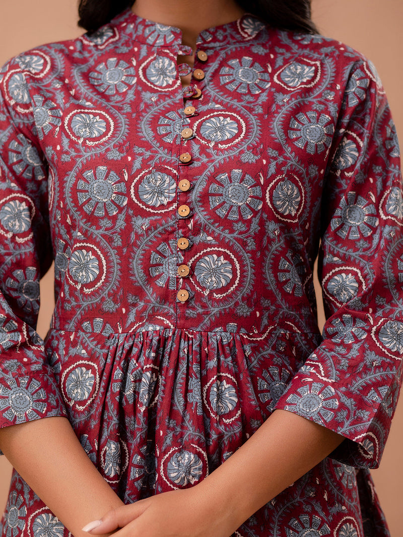 Floral Printed Pure Cotton Pleated A-Line Kurti
