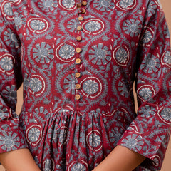 Floral Printed Pure Cotton Pleated A-Line Kurti