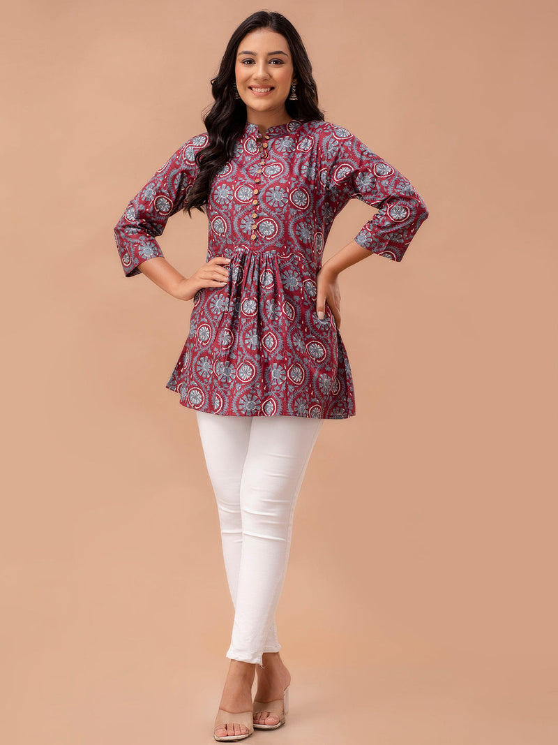 Floral Printed Pure Cotton Pleated A-Line Kurti