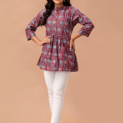 Floral Printed Pure Cotton Pleated A-Line Kurti