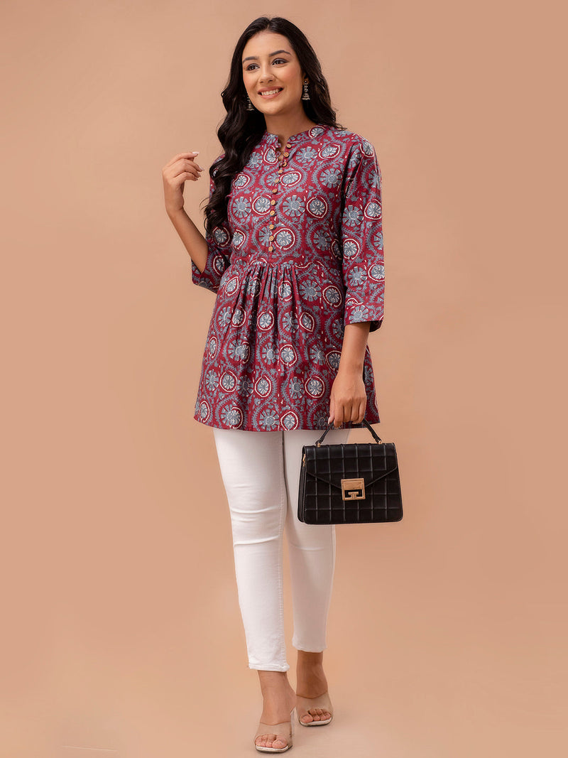Floral Printed Pure Cotton Pleated A-Line Kurti