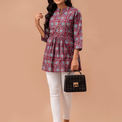 Floral Printed Pure Cotton Pleated A-Line Kurti