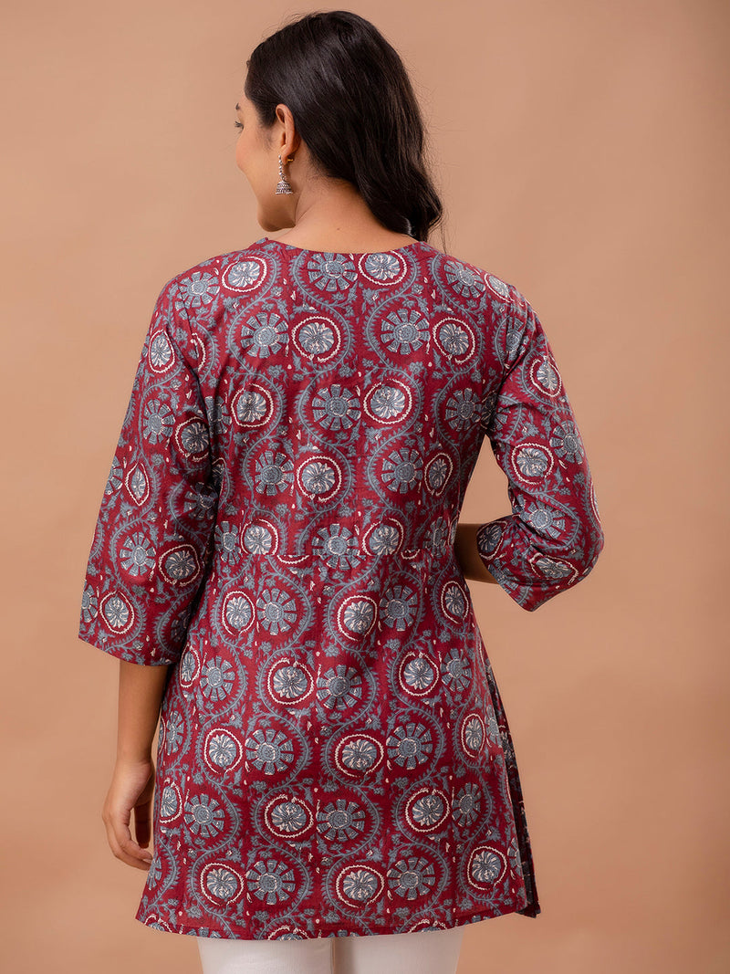 Ethnic Motifs Printed Gathers Cotton Tunic